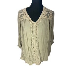 New Direction Tan Boho-Style V-Neck Blouse With Lace Details & 3/4 Sleeves For W